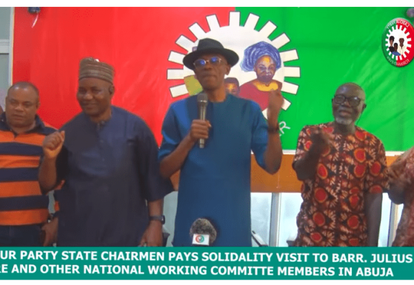 labour party state chairmen pay solidarity visit to national chairman; barr julius abure, as he vows to defend the party