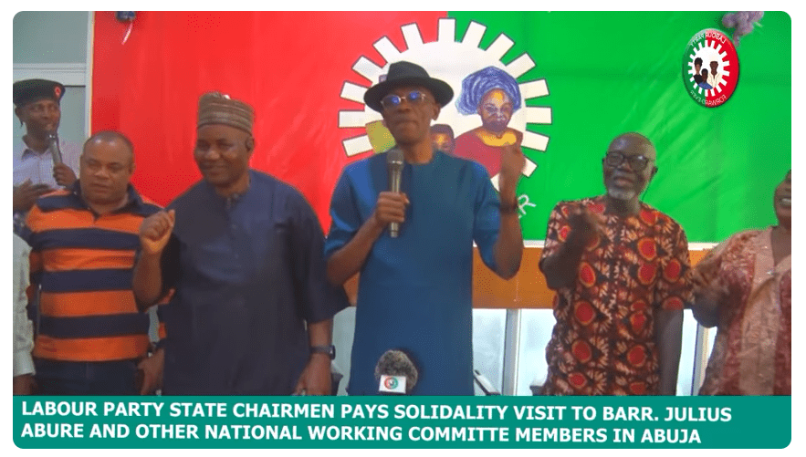 labour party state chairmen pay solidarity visit to national chairman; barr julius abure, as he vows to defend the party
